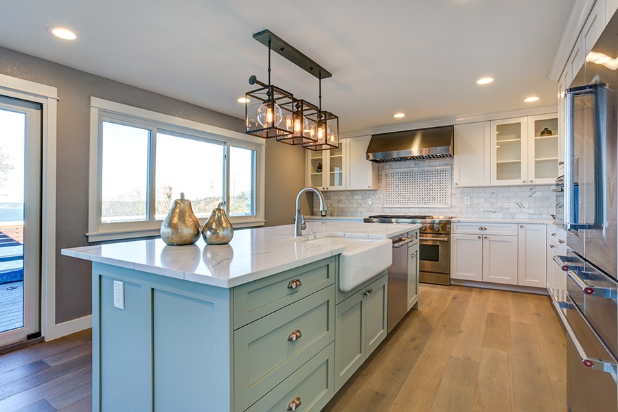 gray modern kitchen blue interior home residential shutterstock 1071365648 small
